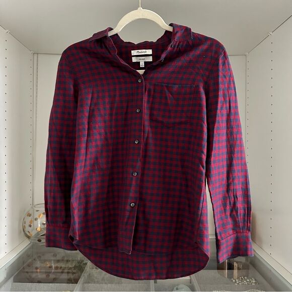 Madewell Gingham Red and Navy Plaid Fall Flannel Button Up Shirt Size XS Western - Picture 1 of 5